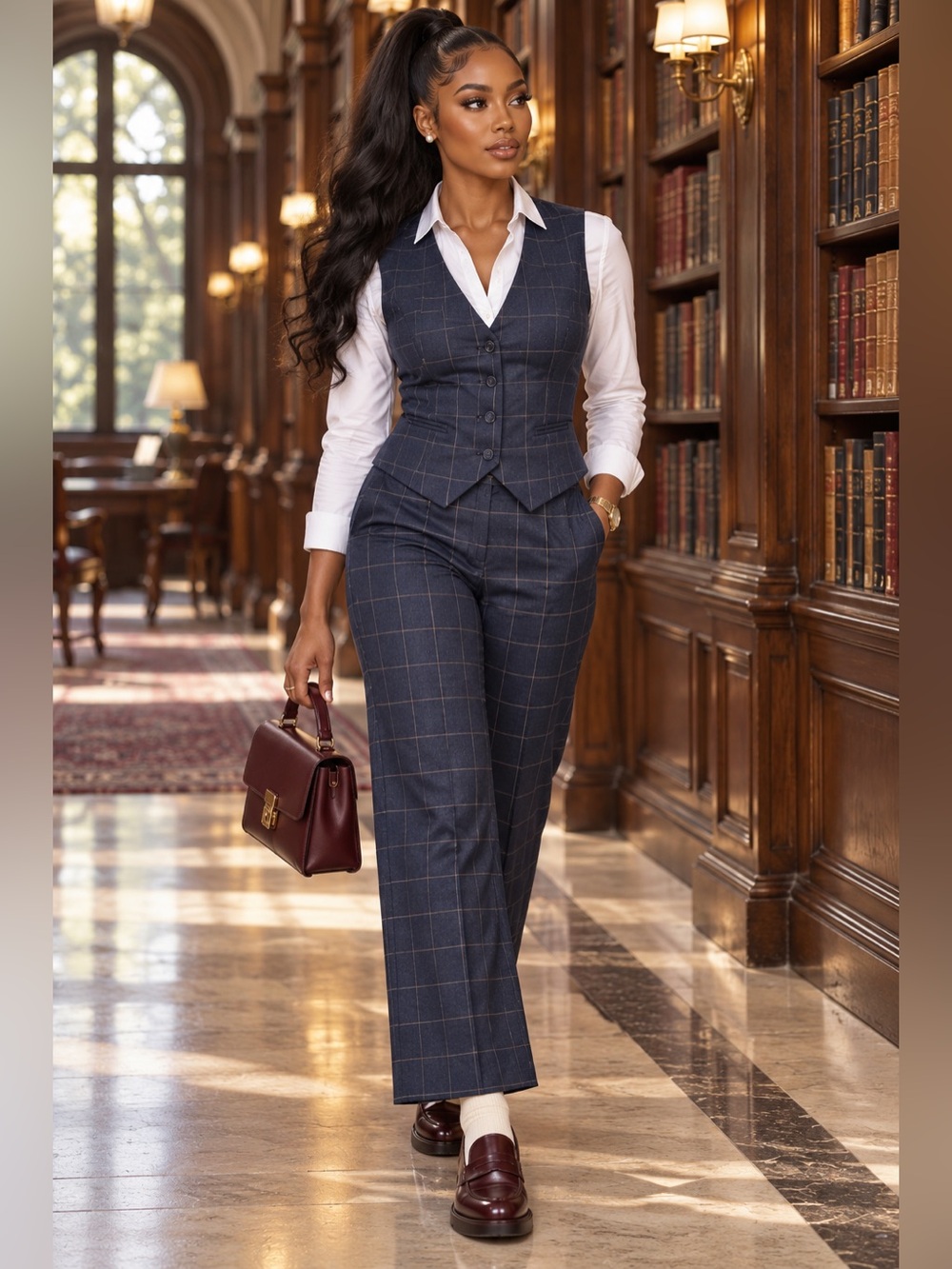 Nicole Miller Navy Windowpane Wide-Leg Pants